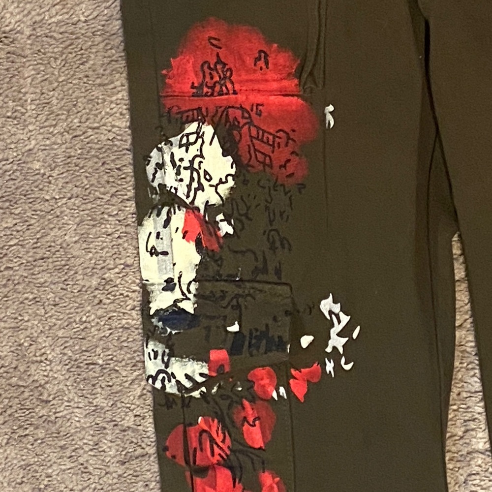 SHEIN Cargo Pants Olive Green w Painted Asian Design Size S